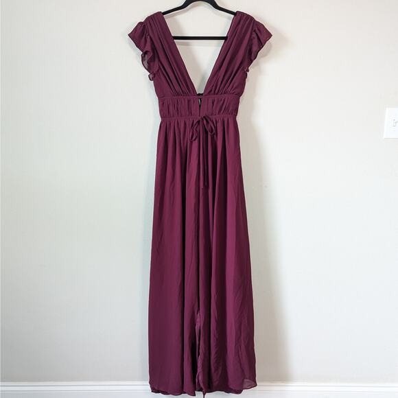 Lulus Dresses & Skirts - Lulu's Heavenly Hues Burgundy Maxi Dress XS Plunge Neck Flutter Sleeveless